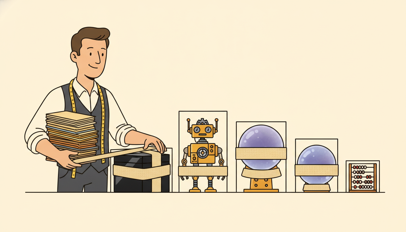 A tailor fitting a snug protective band around a row of completely different black box objects using the same stack of past measurements, indifferent to what each one is inside.
