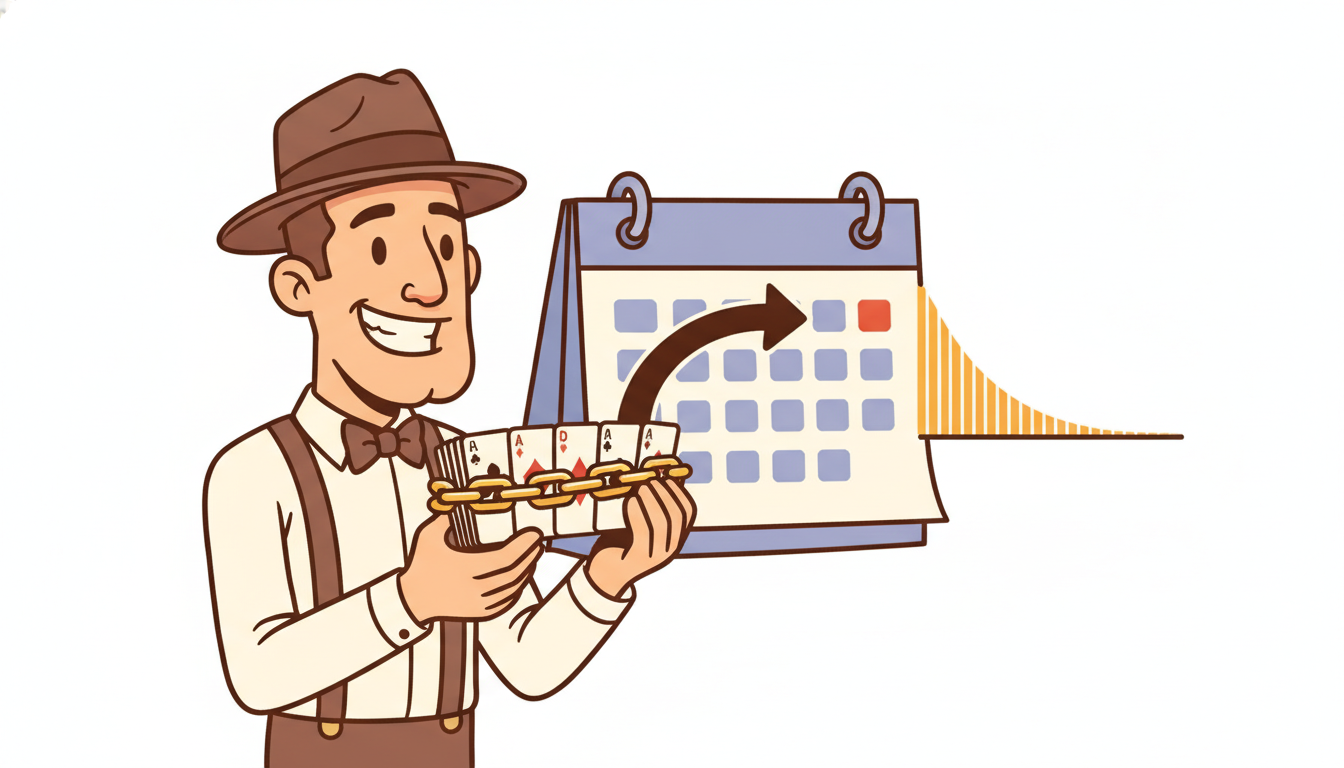 An overconfident gambler trying to shuffle a deck of cards that are physically chained in temporal order, while his prediction band shrinks unrealistically narrow and a forward arrow marches on behind him.