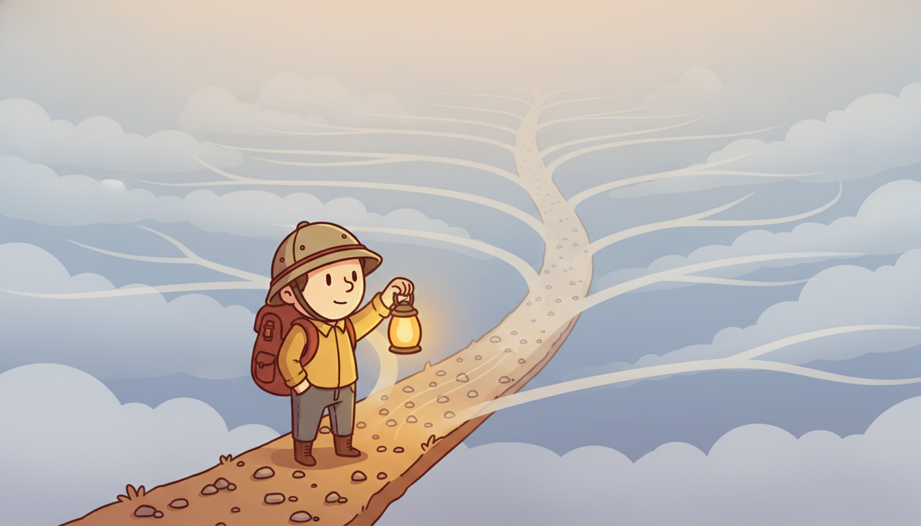 An explorer at the mouth of a fan shaped cone of fog that narrows near the feet and widens into many faint branching trails toward the horizon, holding a lantern instead of insisting on one road.