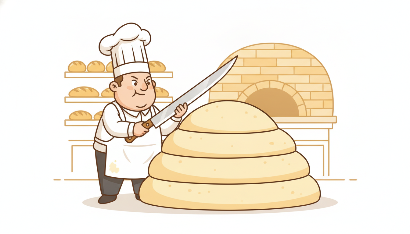 A baker deliberately slicing a smooth dough hill into horizontal layers at several chosen heights up the slope rather than cutting straight through the middle.