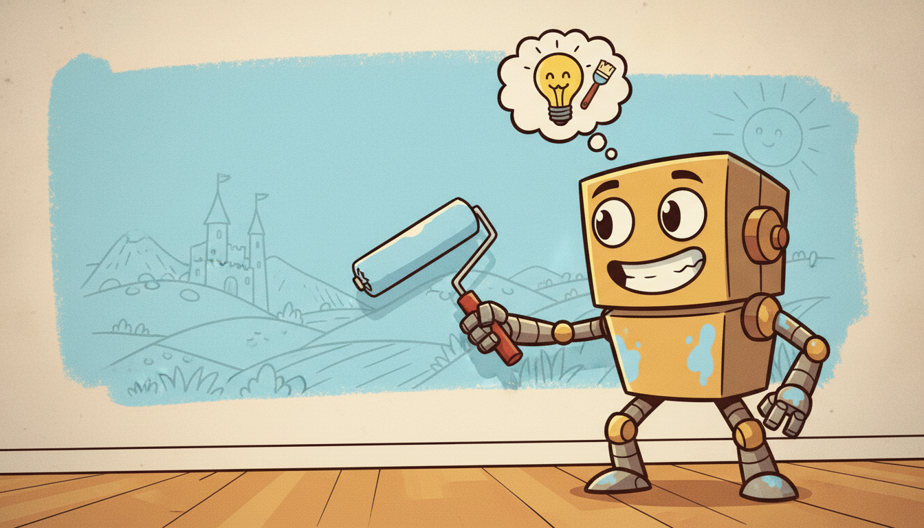 An eager robot painter rolls bright new paint over an entire wall, cheerfully erasing the careful old mural it had painted earlier without noticing.