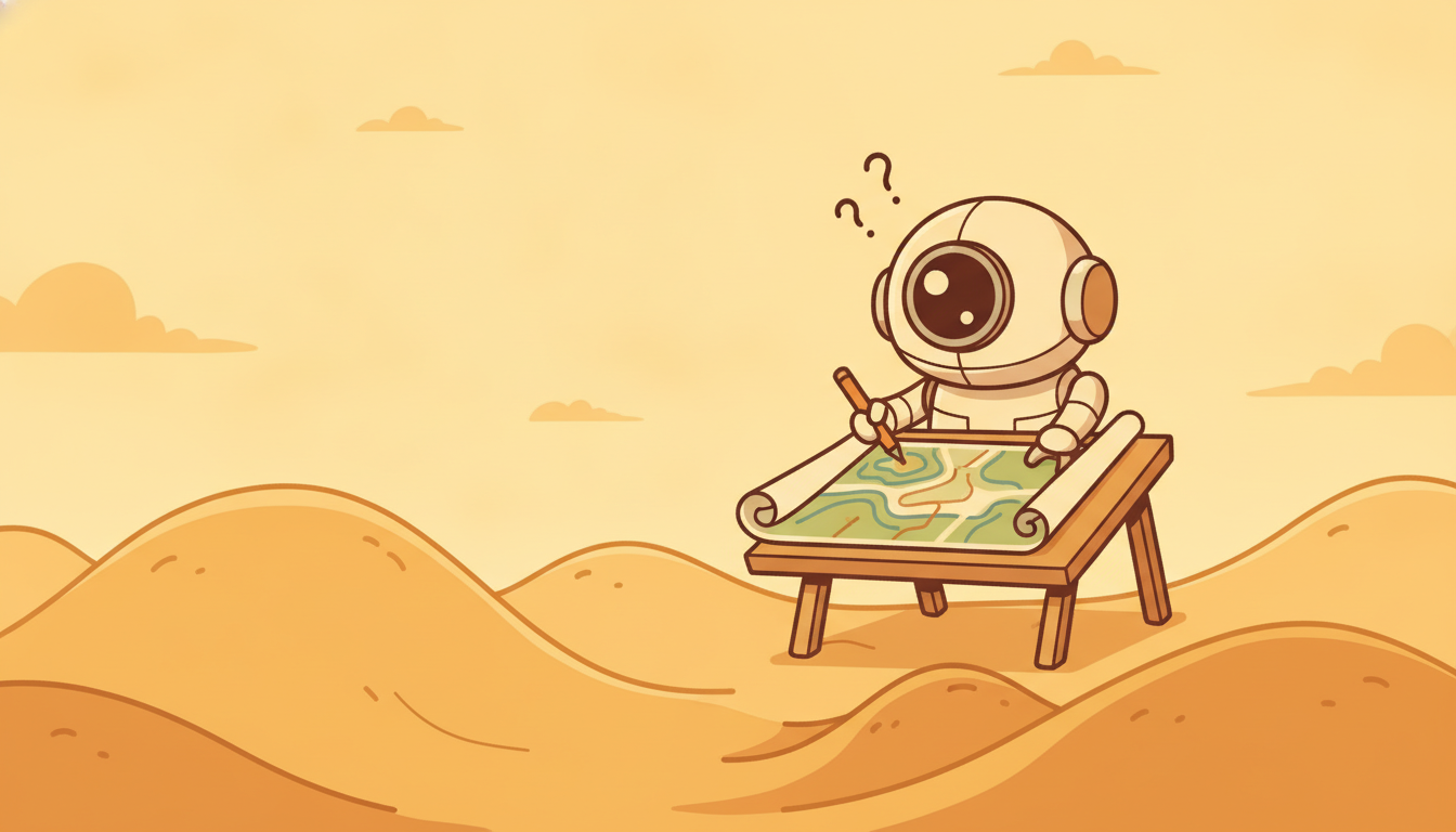A cartographer robot holds a map of hills while the real landscape underneath silently slides and reshapes, leaving map and terrain mismatched.