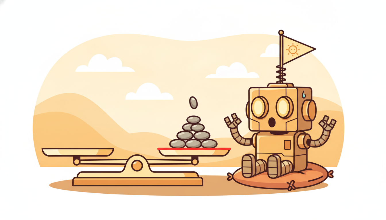 A sentry robot watches error pebbles drop one by one onto a balance scale; when the accumulated weight tips past a notch, a small flag pops up to signal an alarm.