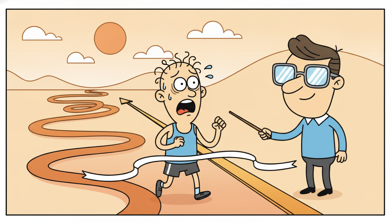A runner who took a winding path stands beside a coach pointing at the single straight shortcut a perfect hindsight competitor would have run, the gap between them shaded.