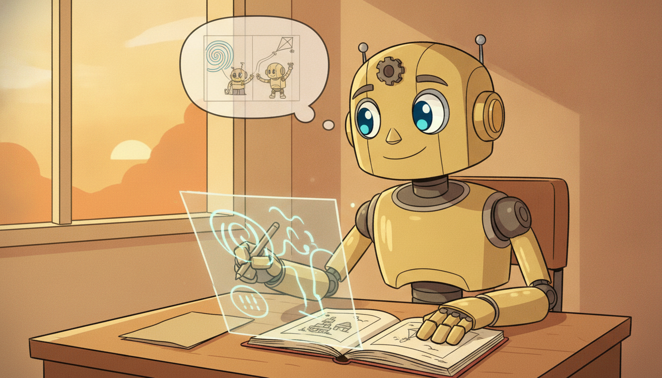 A studious robot learns new material while keeping a small scrapbook of a few old memories open beside it, rehearsing an old memory alongside each new lesson.