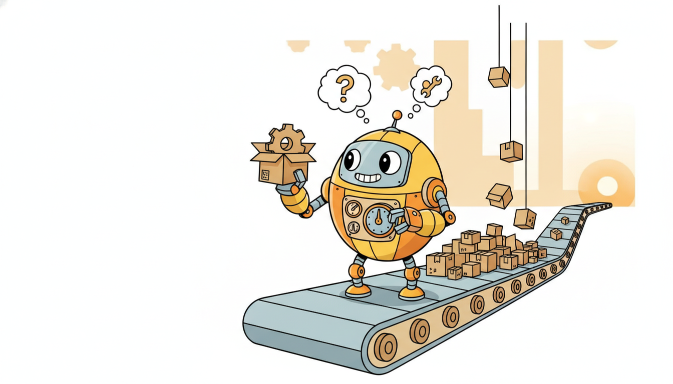 A robot on an endless conveyor belt catches one parcel at a time, guesses its contents, then adjusts its own dials before the next arrives.
