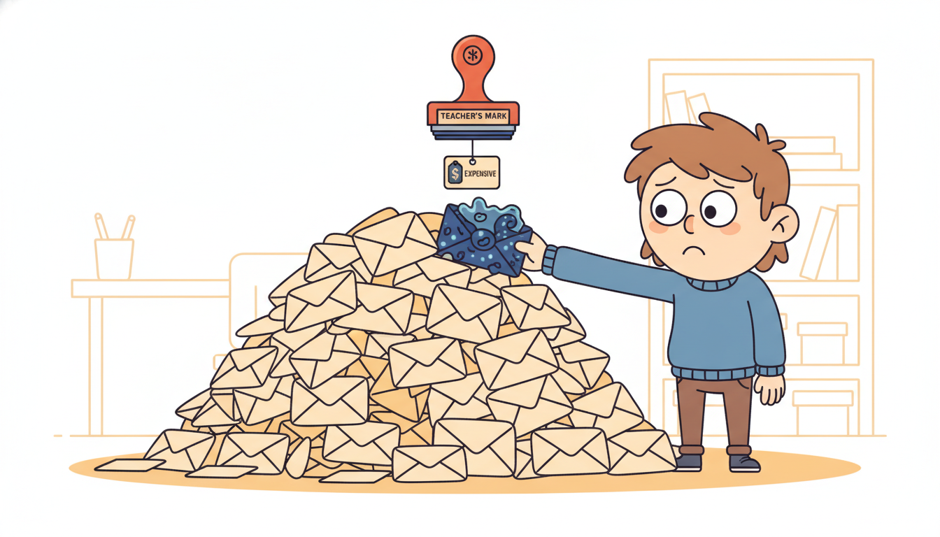A curious student reaches past easy envelopes to pick the single most puzzling one from a huge pile, with a costly teacher stamp nearby, showing how active learning spends a scarce labeling budget on the most informative points.