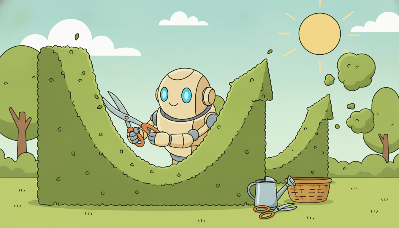 A robot gardener prunes a hedge shaped like a rising trend curve while the hedge slowly grows out of shape behind it, showing that a deployed model needs continual tending as the world drifts.