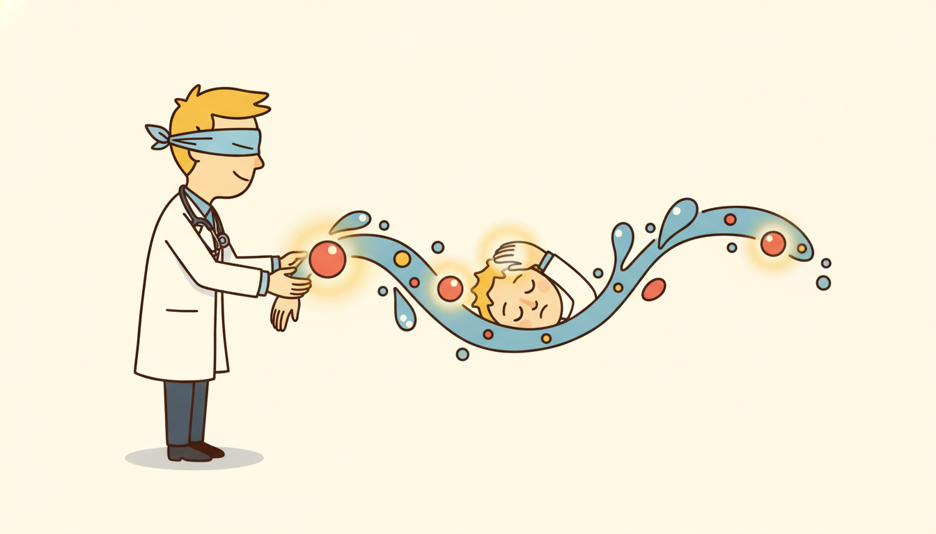 A blindfolded doctor feels the pulse of a patient made of flowing data droplets, judging health from indirect signs alone, illustrating how drift monitors estimate model performance when no ground truth labels have arrived yet.