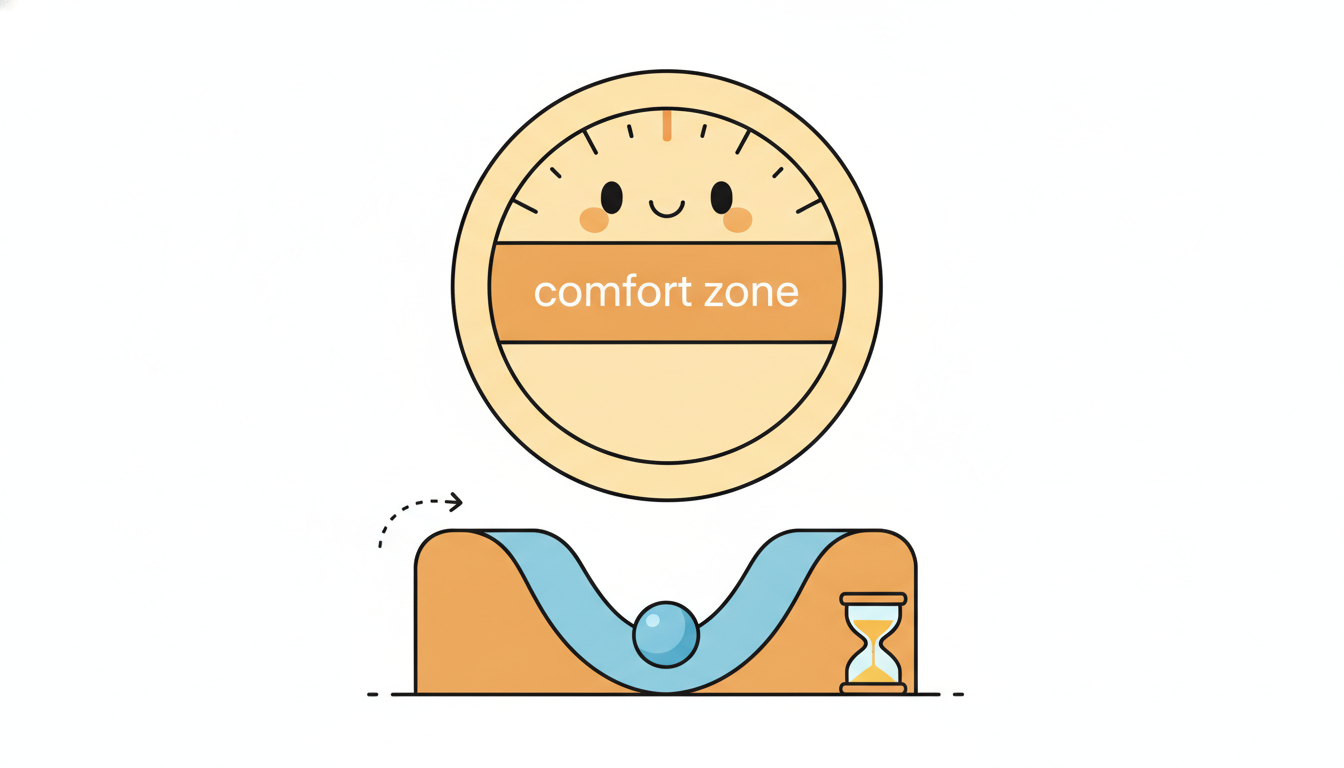 A thermostat character with a comfort zone and a ball resting in a valley between two bumps, beside a small hourglass, picturing how hysteresis and cooldowns keep a retraining trigger from firing on every little wobble.