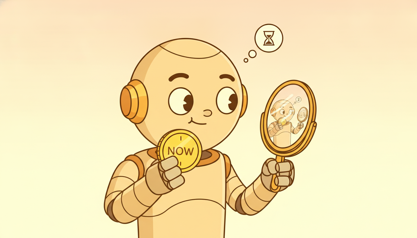A robot holding an immediate reward coin while gazing into nested shrinking mirrors of itself, each reflection dimmer, visualizing value as immediate reward plus a discounted recursion of future value.