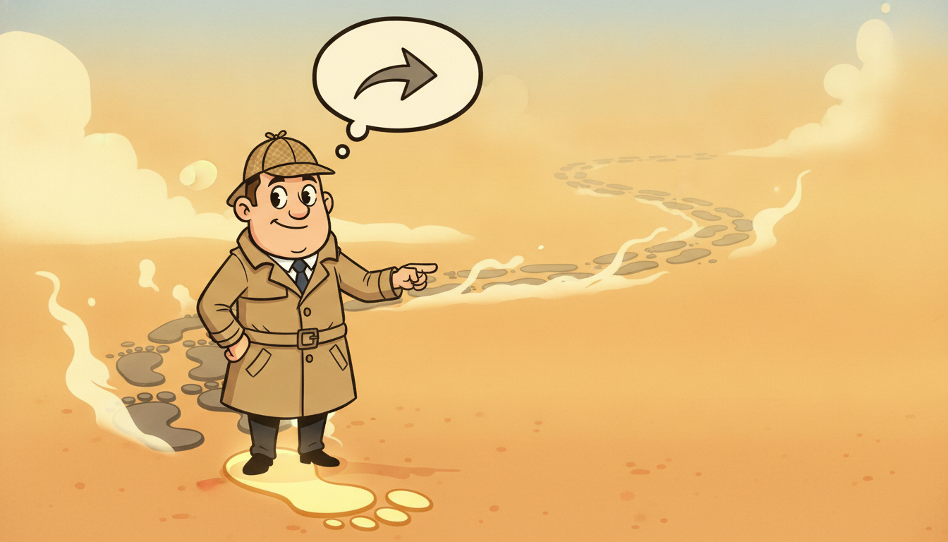 A detective standing on one glowing present footprint while the trail of past footprints behind him dissolves into fog, illustrating that the future depends only on the current state.