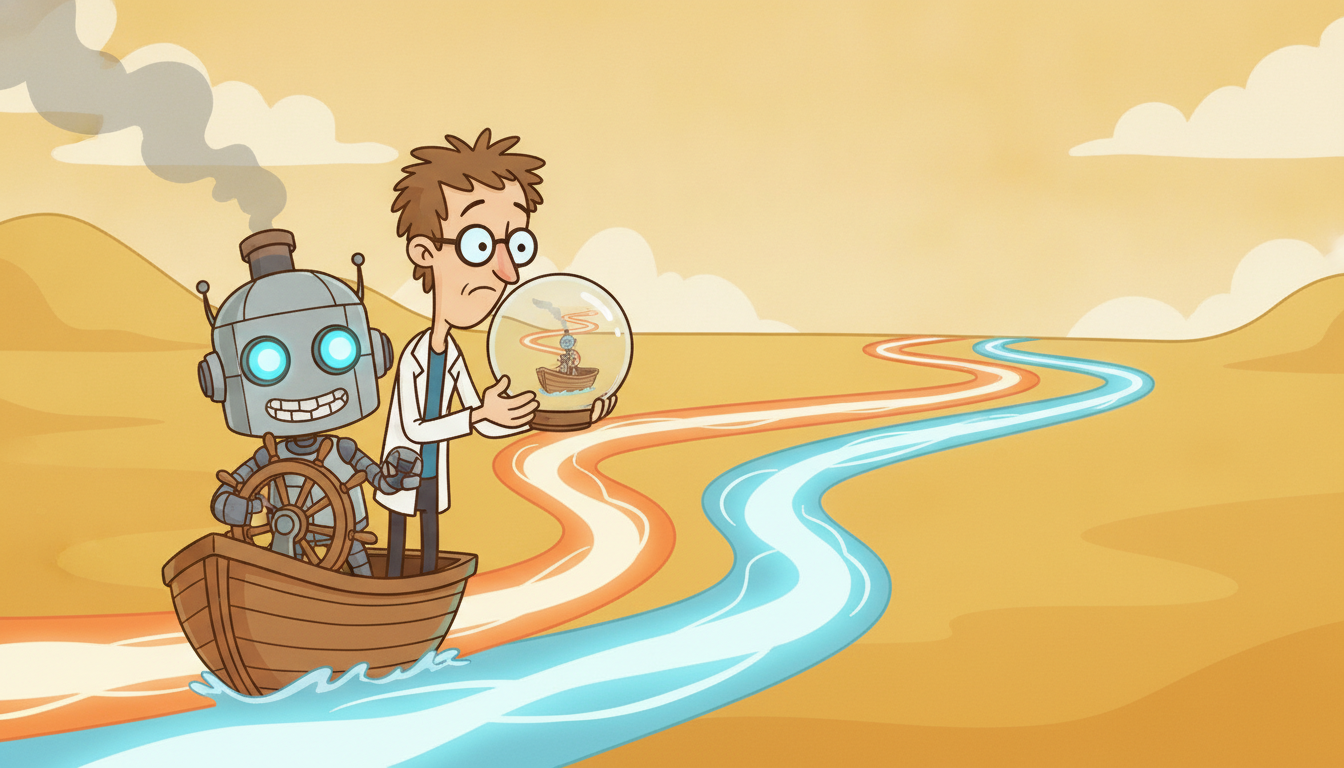 A robot steering a boat toward one of two branching rivers while a passive scientist only gazes into a crystal ball, contrasting acting to shape the future against merely predicting it.