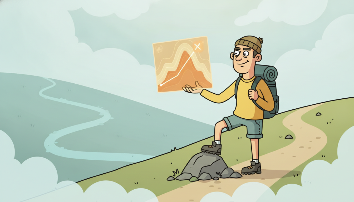 A hiker at a junction consulting a glowing value map and taking the one locally highest uphill step, with his old lower wandering path fading behind, depicting greedy policy improvement never lowering value.