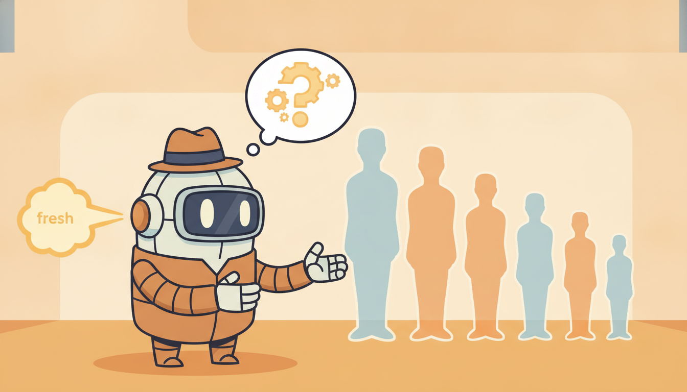 A detective robot resizes translucent suspect silhouettes as a new glowing clue arrives, brightening likely candidates and fading unlikely ones, illustrating how each observation reweights the belief distribution in a Bayes filter update.
