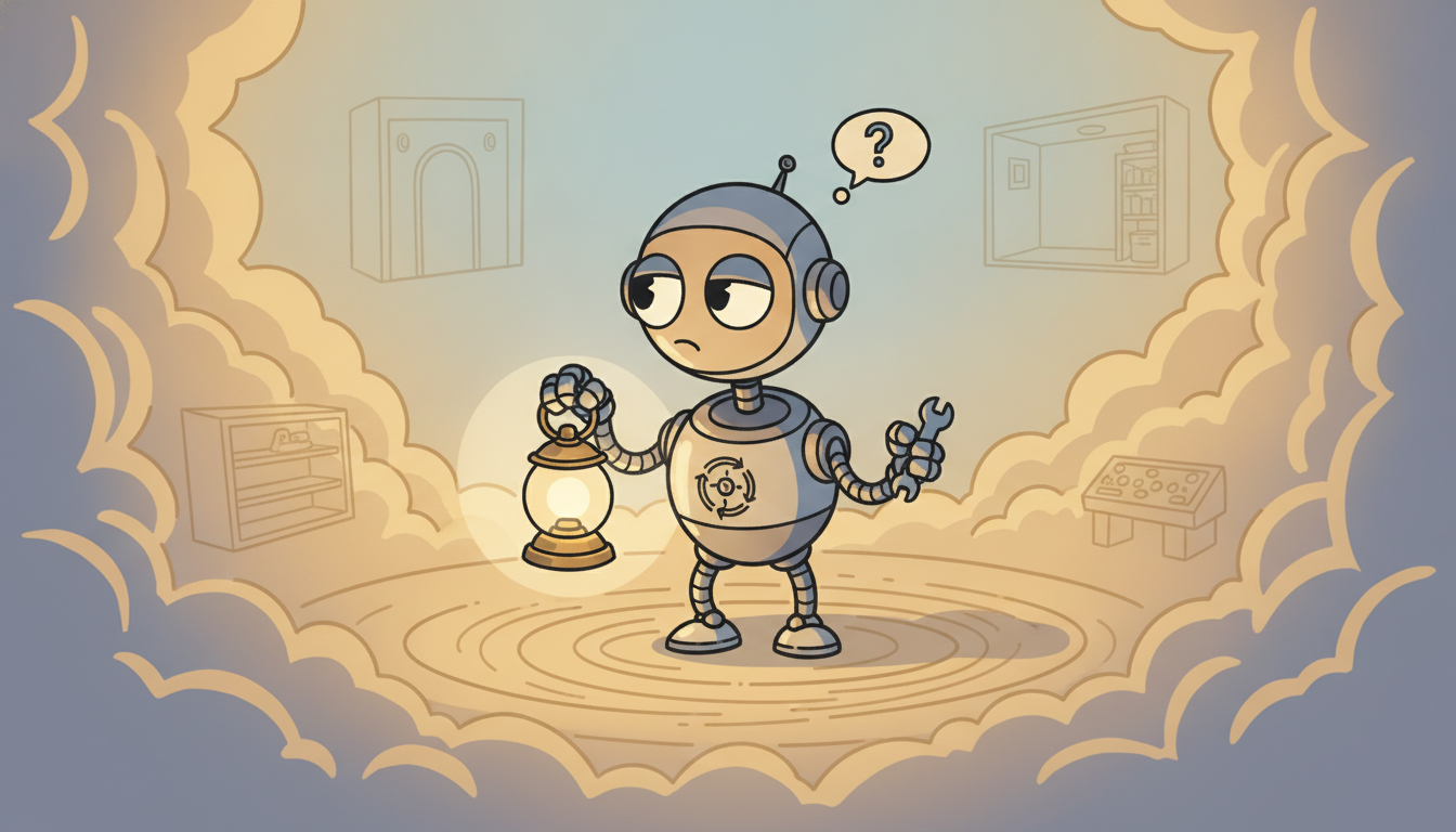 An explorer robot in dense fog lights a small bubble with a lantern while faint ghostly possible rooms float unseen around it, depicting a hidden Markov state where the agent perceives only a sliver of the true world.