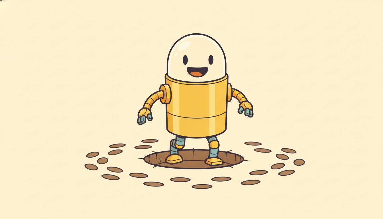 A blank headed memoryless robot cheerfully walks into the same pit it already fell into, with looping footprints showing the repeated mistake, illustrating how an agent without memory cannot distinguish identical observations and repeats errors a belief state would avoid.
