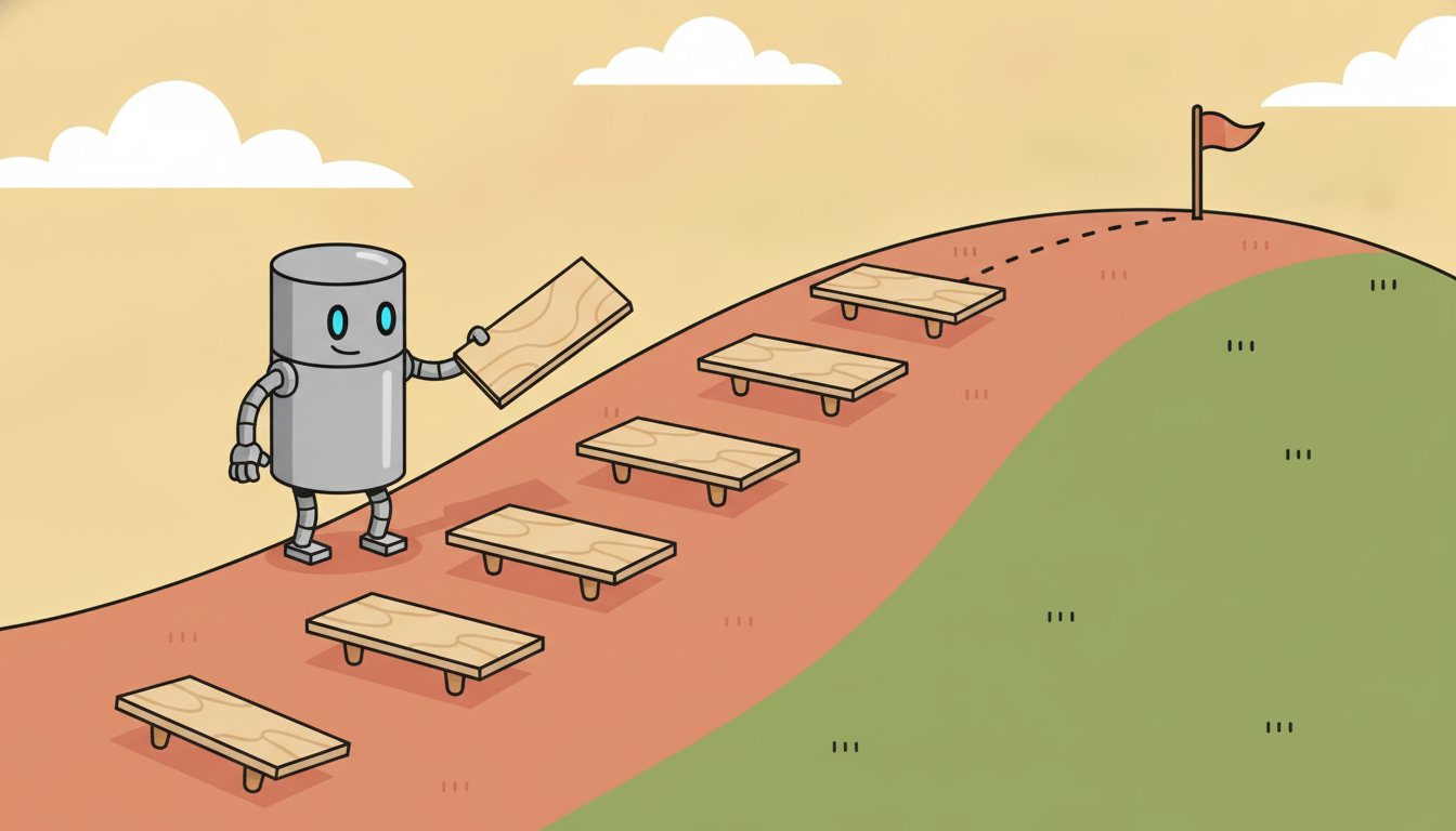 A robot approximates a smoothly curved hill using only a few flat boards pinned at selected points, capturing the curve without covering every spot, illustrating how point-based value iteration approximates the belief value function from a small set of belief points.