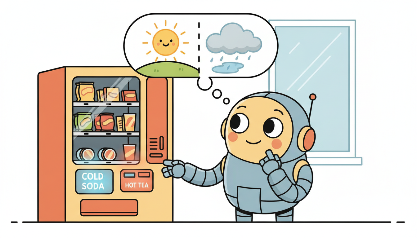 A robot at a vending machine where the best snack glows differently depending on the weather in its thought bubble, showing context steering the action.