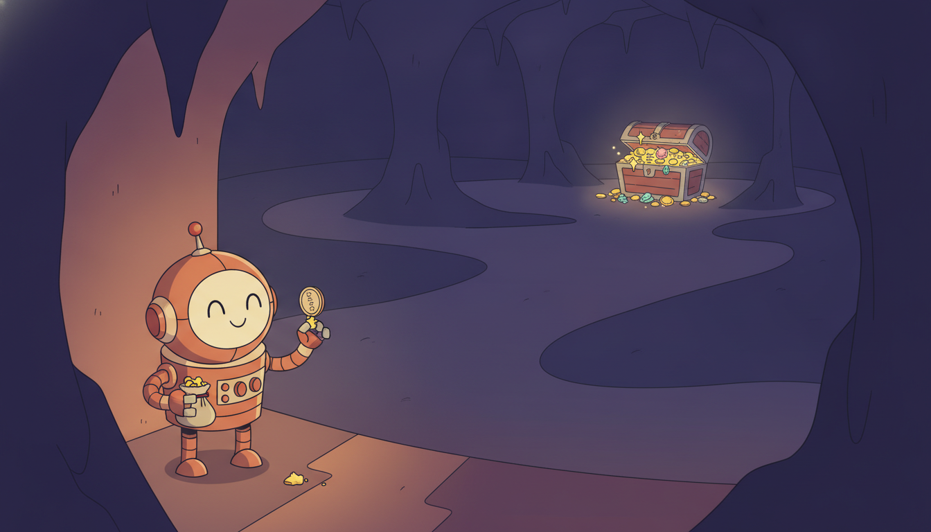 A robot endlessly collecting a tiny crumb in one maze corner while a huge treasure sits ignored in the unexplored dark, showing naive exploration getting stuck.
