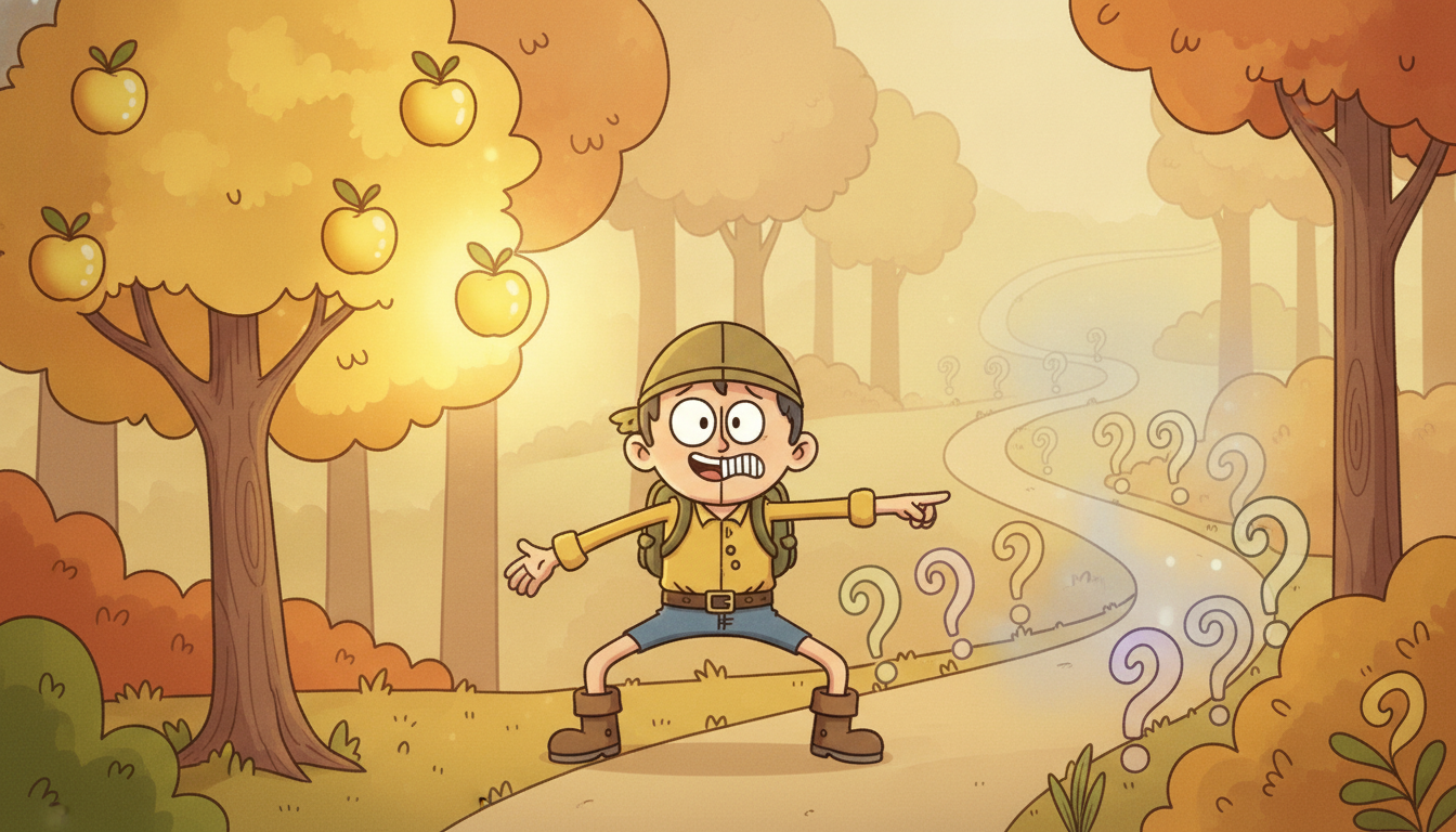 An adventurer torn between a known fruit tree and an unexplored misty trail, dramatizing exploration versus exploitation.