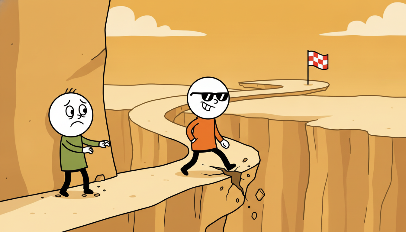 Two walkers crossing a cliff ledge, one timidly hugging the safe wall and one boldly walking the crumbling edge, contrasting cautious SARSA with optimistic Q-learning.