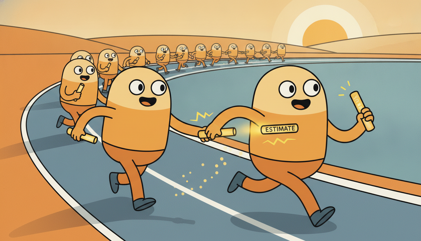 Relay runners passing a glowing baton forward while each corrects its own guess toward the next runner, illustrating temporal-difference bootstrapping from the next step.