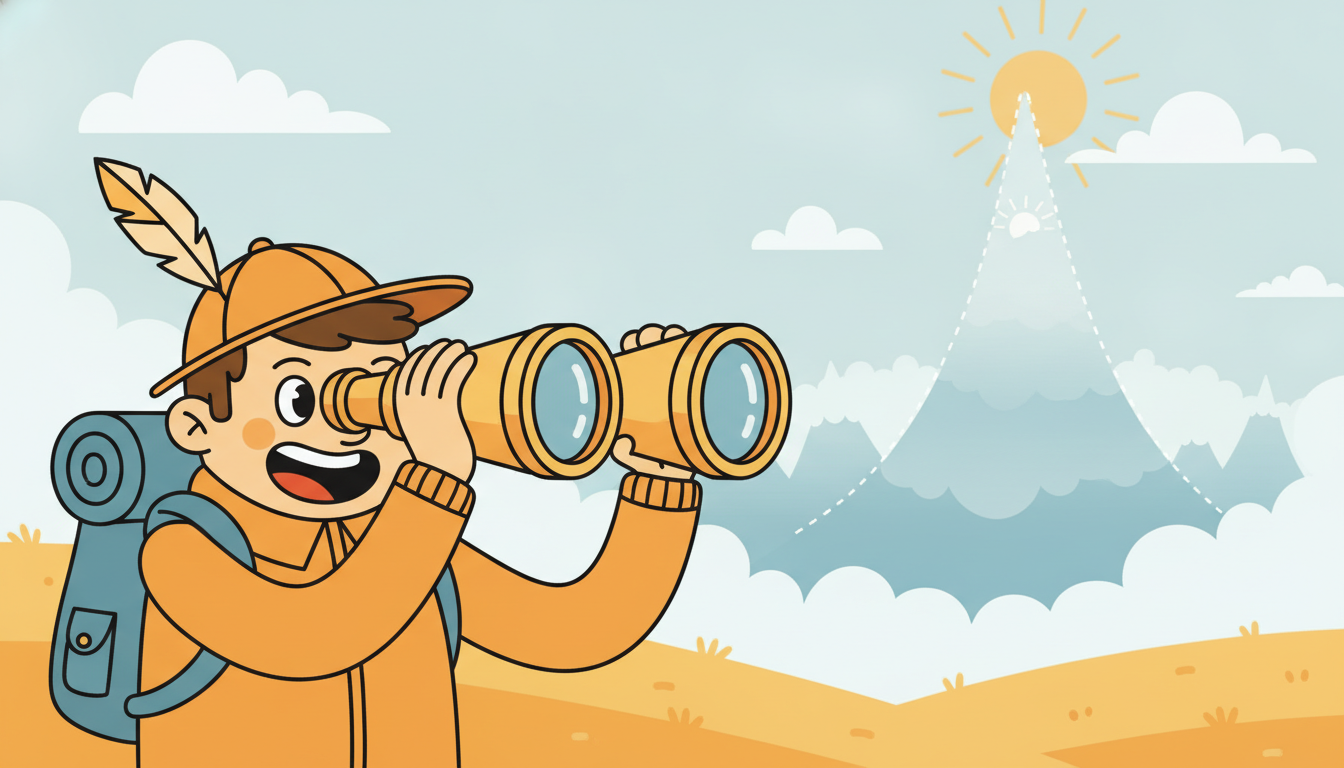 A hiker with binoculars optimistically imagining the foggiest, least-known hill as the tallest, showing how uncertainty earns an exploration bonus.