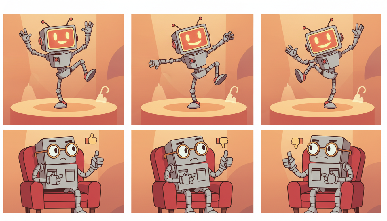 An energetic robot performer dancing on stage while a seated robot critic gives an instant thumbs reaction after each move, illustrating the actor and critic feedback loop.