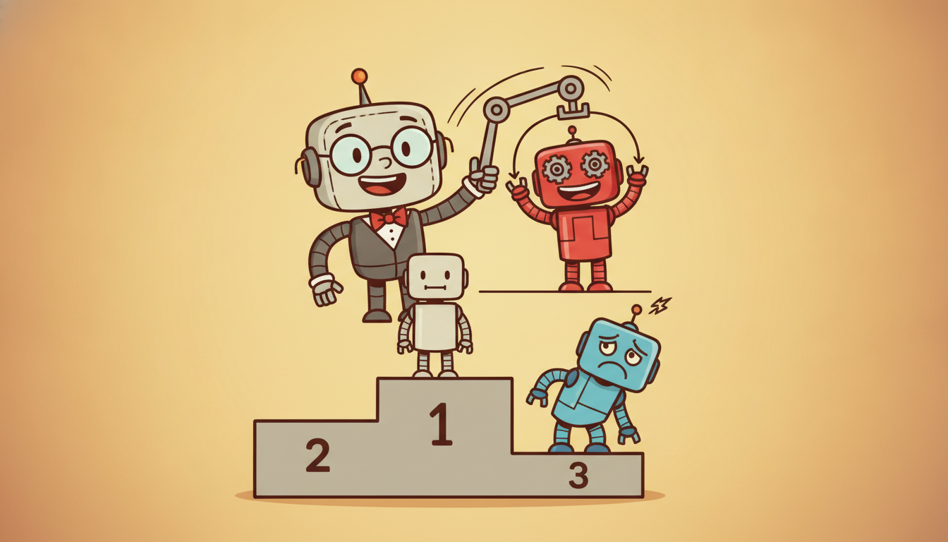 A judge comparing two robots against a steady gray average robot on a center line, raising the better one and lowering the worse, showing advantage as a baseline subtraction.