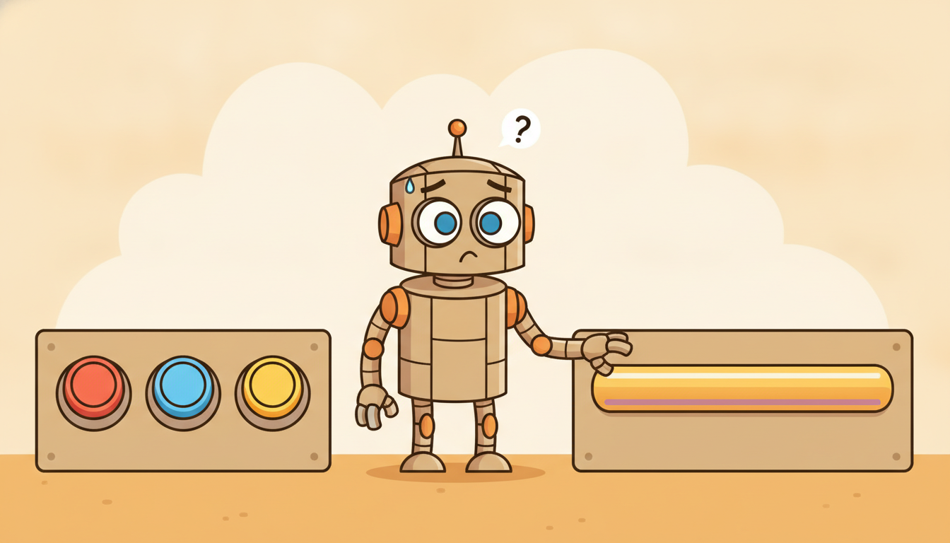 A puzzled robot choosing between a few chunky buttons and a smooth continuous dial it must set to any exact position, showing why discrete action methods fail on continuous control.