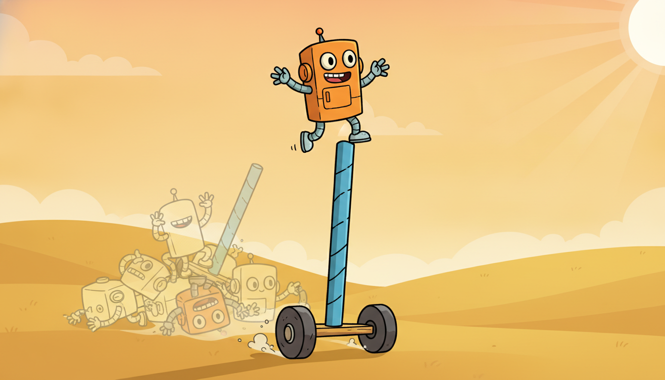 A robot balancing a pole on a cart while faded copies of its past failed attempts pile up behind it, learning by repeated trial and error.
