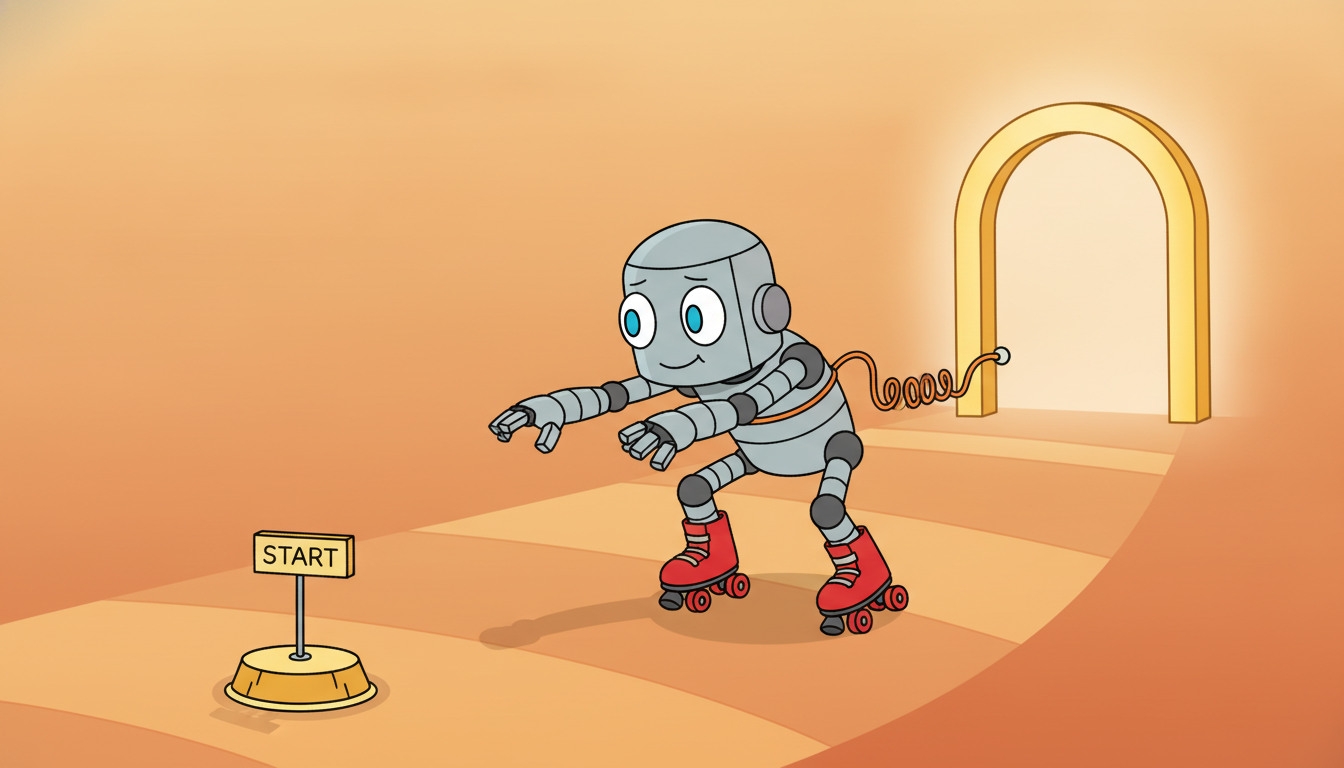 An eager robot on skates lunging toward a glowing goal but held to small safe steps by a short elastic tether to its starting point, illustrating PPO clipping and trust regions.
