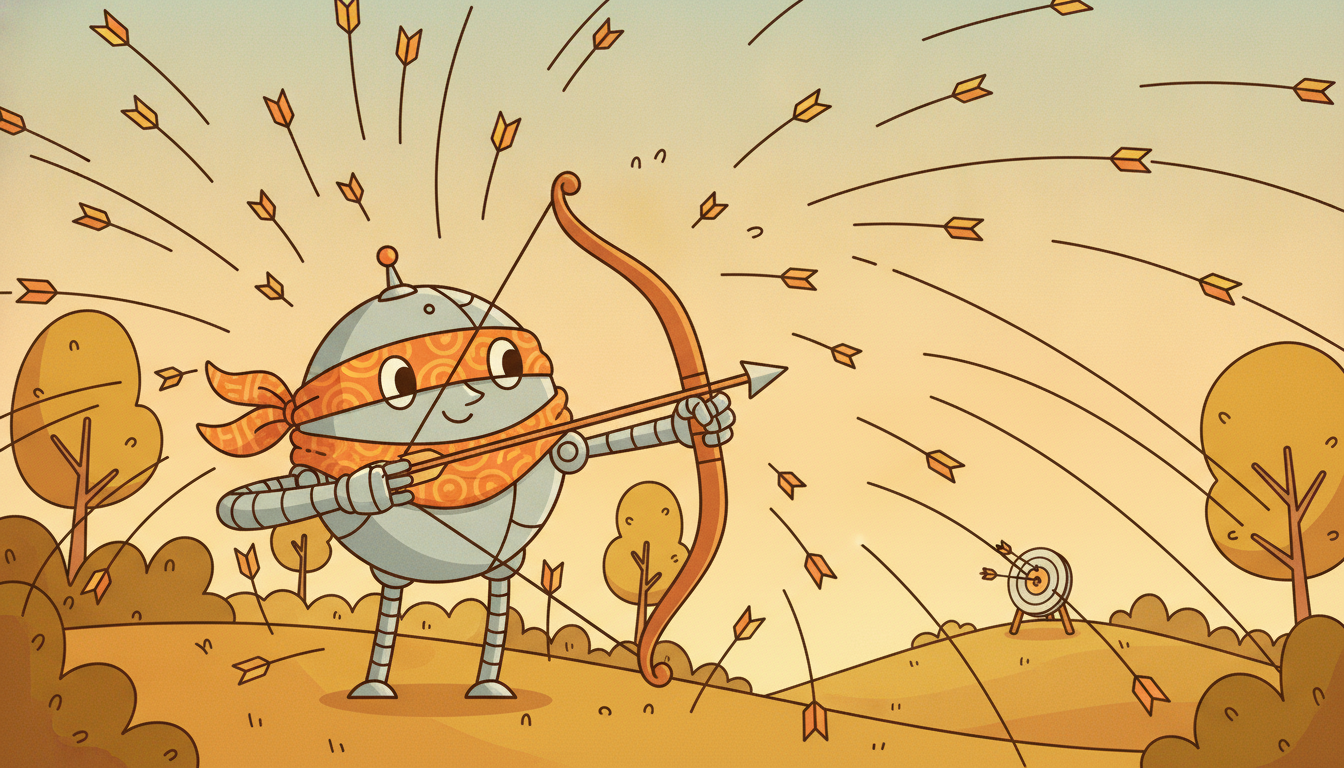 A blindfolded robot archer happily firing a wild scatter of arrows toward a target, only a few landing near it, dramatizing high variance policy gradients.