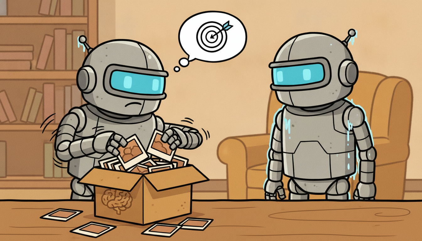 A robot learner drawing random memory snapshots from a shuffled box while a frozen twin robot holds still as a steady reference target.