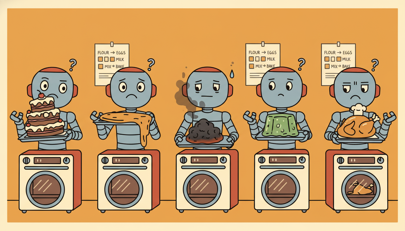 Five identical robots following the same recipe yet pulling wildly different dishes from their ovens, one a cake, one a pancake, one a burnt lump, illustrating deep RL run to run variance.