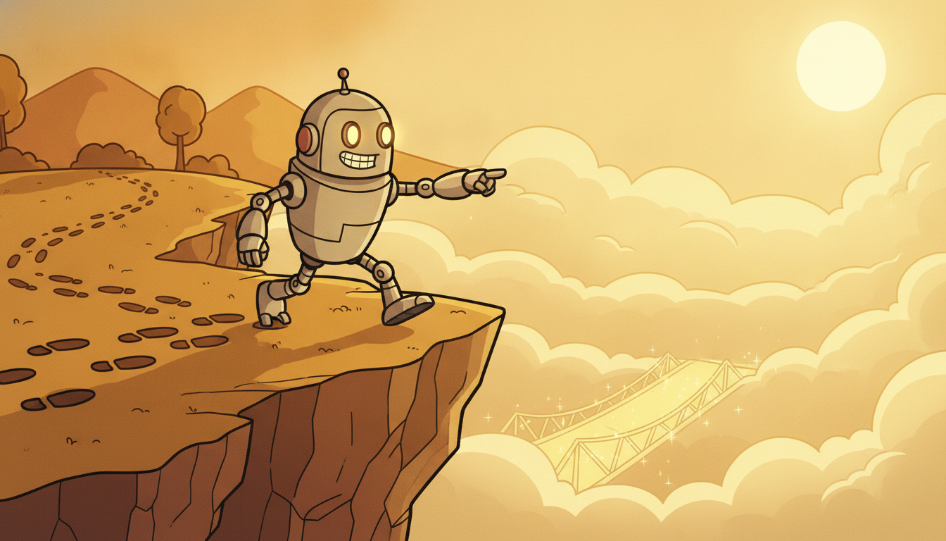 An overconfident robot walking off a cliff at the end of a footprint covered path, certain a bridge exists in the empty fog ahead, illustrating extrapolation error beyond logged data.