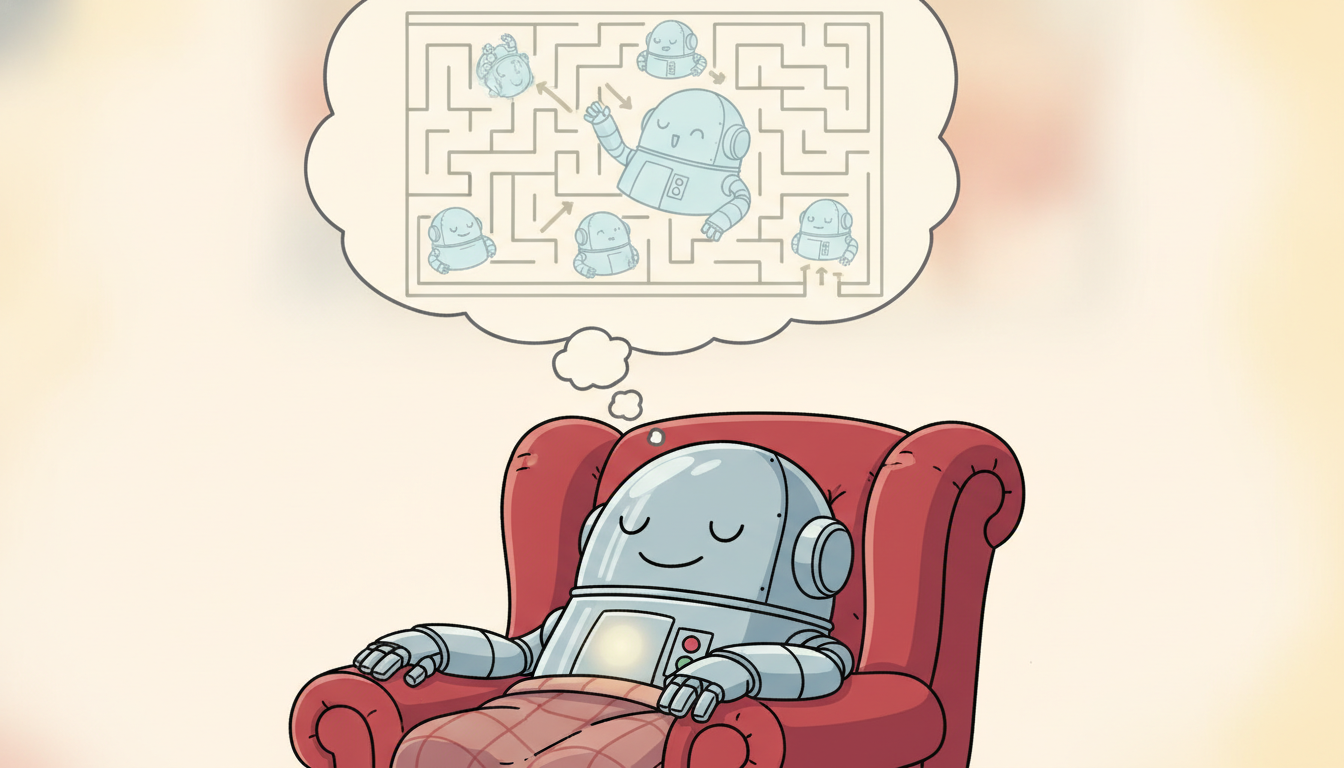 A robot daydreaming in an armchair while a ghostly imagined copy of itself tests multiple branching paths inside a thought bubble maze, illustrating planning inside a learned world model.