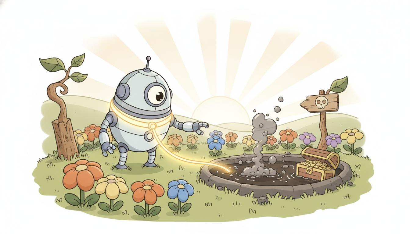 A robot exploring a meadow on a glowing leash that lets it reach novel flowers but holds it back from a hazardous tar pit, illustrating safe exploration within a constraint budget.