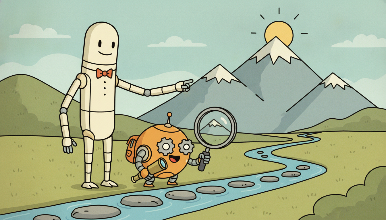 A tall manager robot pointing at a far mountain peak while a small worker robot handles the immediate stepping stones, illustrating hierarchical RL splitting long goals into short subgoals.