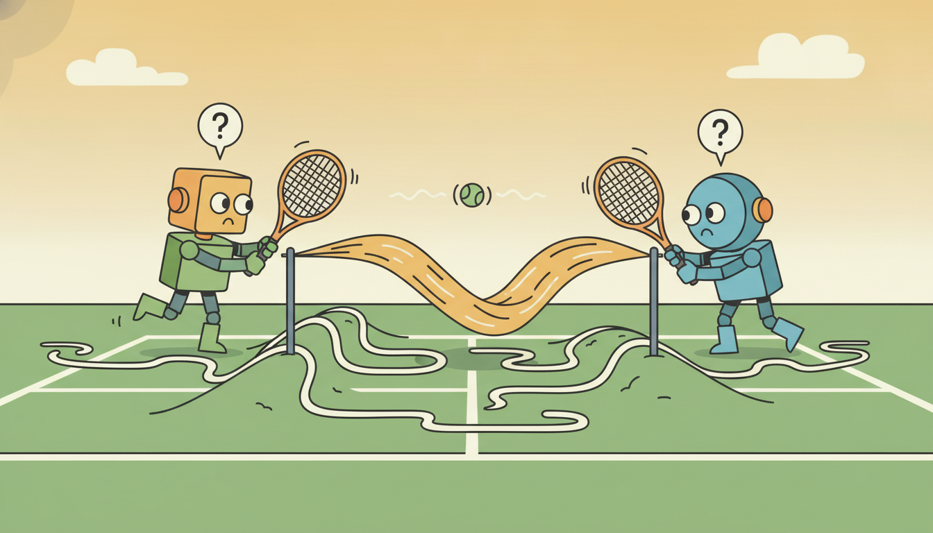 Two robots playing on a tennis court whose lines and net keep shifting underfoot as each adapts to the other, illustrating non-stationarity when every agent is learning at once.