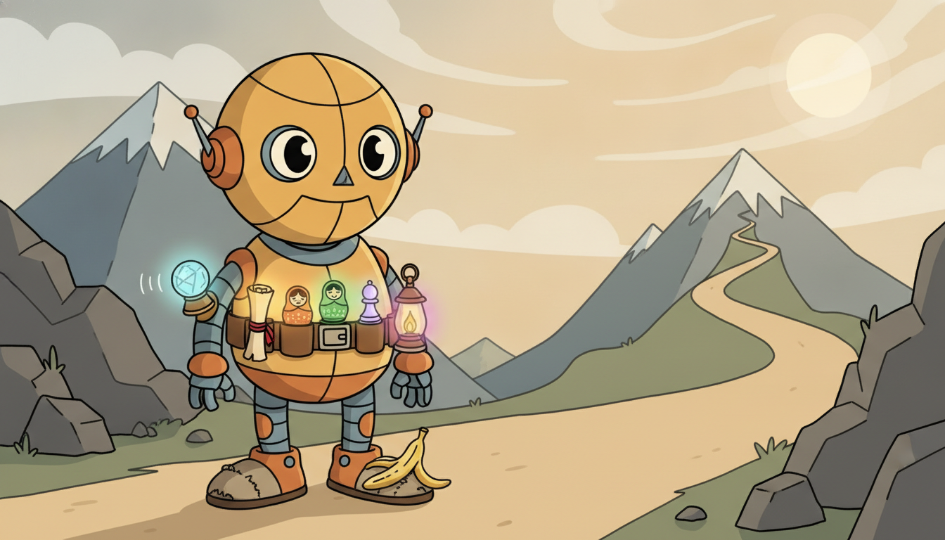 An explorer robot at a forked trail carrying five small distinct tools on a belt, each representing one advanced reinforcement learning technique covered in the chapter.