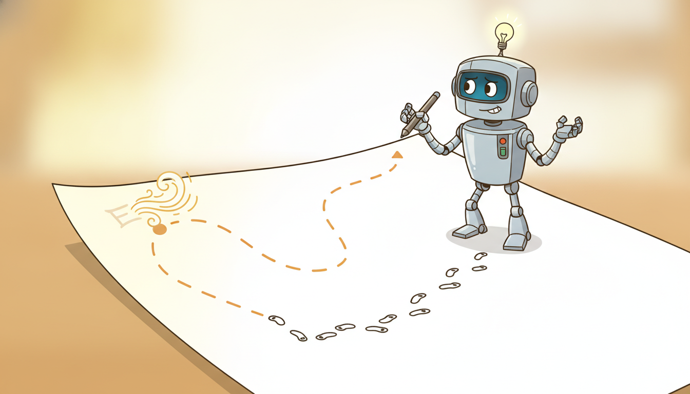 A student robot traces an expert path across a sheet but a gust of wind pushes it into the blank margin where no path was drawn, and it wanders off baffled into empty whitespace, dramatizing behavioral cloning failing on states the expert never visited.