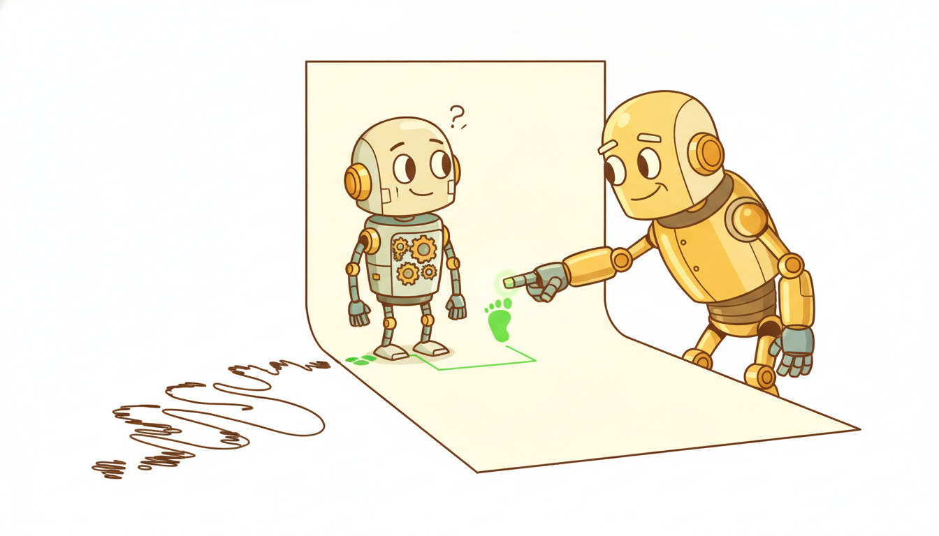 A student robot wanders into a blank margin and an expert mentor leans in to point the correct direction right there, adding labels to the learners own visited states, illustrating how DAgger fixes covariate shift by querying the expert on states the student actually reaches.