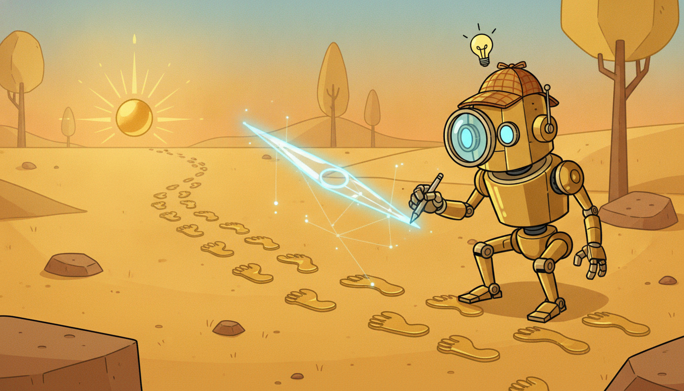 A detective robot studies an experts footprints with a magnifying glass and reconstructs a glowing compass needle pointing to the hidden goal that explains the behavior, illustrating inverse reinforcement learning which infers the reward behind demonstrations rather than copying the actions.