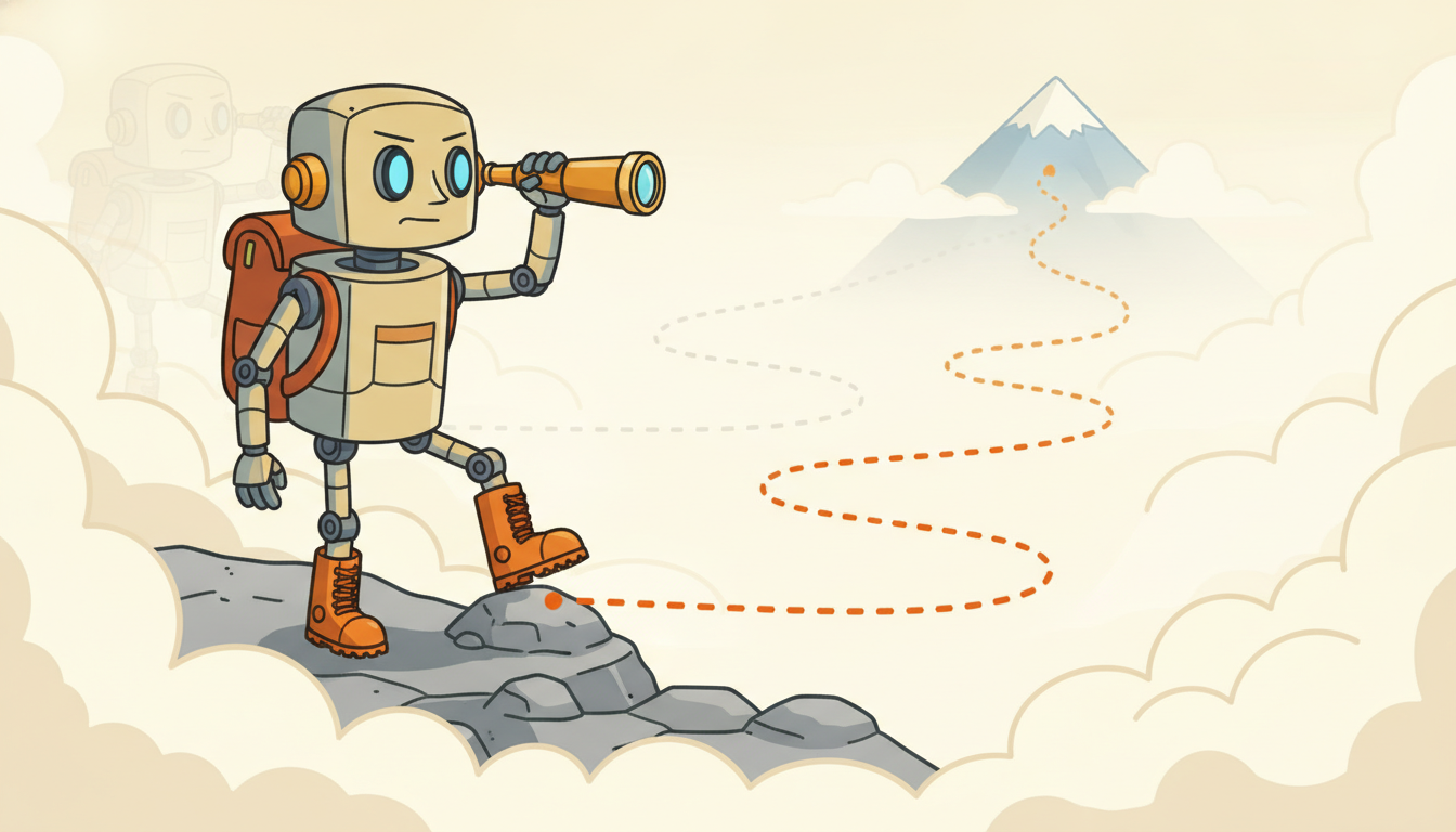 A hiker robot in fog plans a long dotted route to a peak with a telescope, takes a single step, then redraws the entire route from its new position, illustrating model predictive control which optimizes a full horizon but executes only one step before replanning.