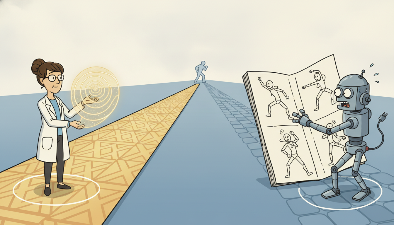 On the left a calm engineer holds one glowing matrix that unfolds into a road to the horizon, representing optimal control solved in closed form; on the right a robot apprentice copies an expert dancer pose by pose from a flipbook, representing imitation learning, two routes to the same confident action.