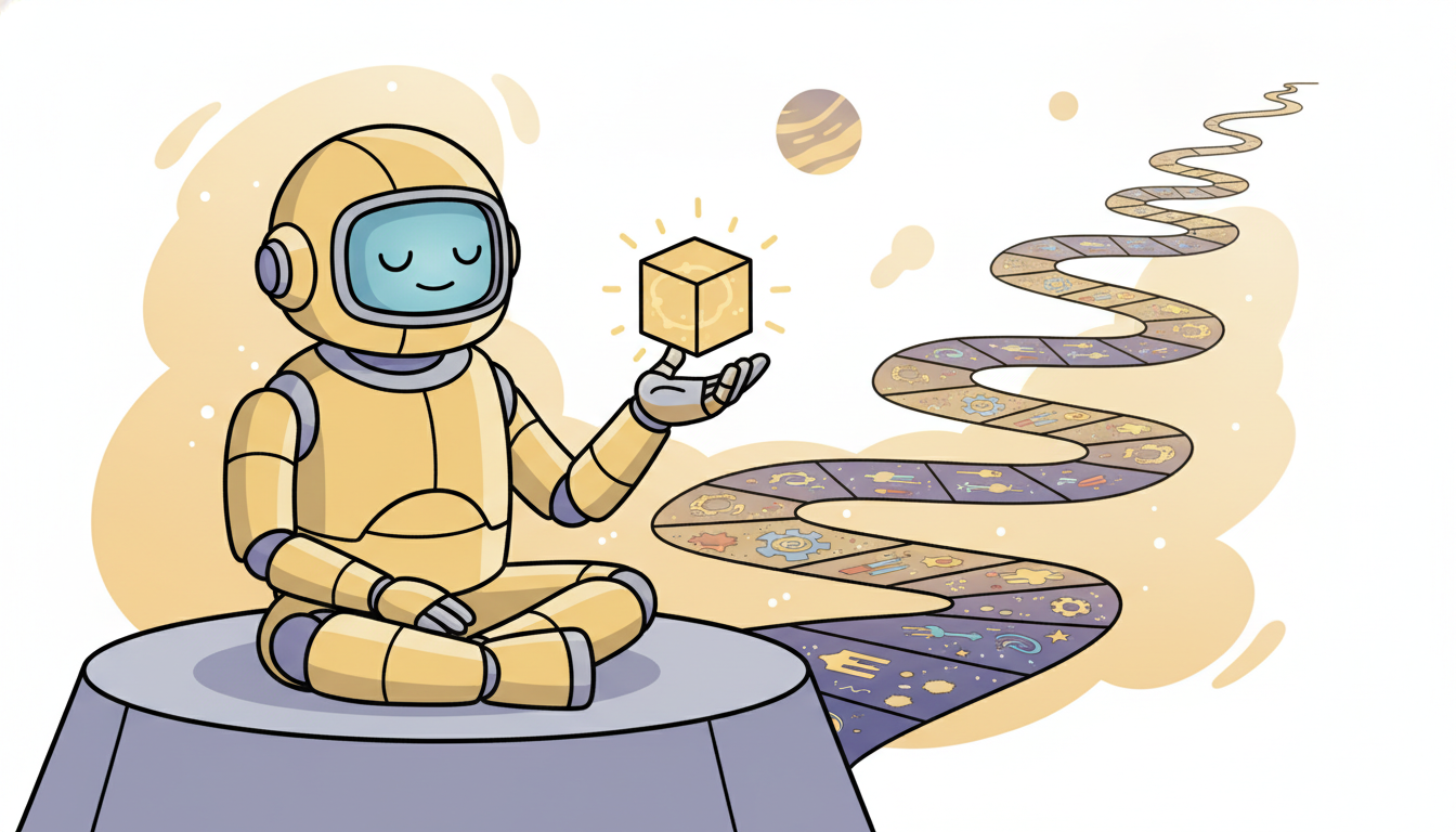 A serene robot sage folds an enormously long accordion strip representing the infinite future into a single small glowing cube held in its palm, showing how the Riccati equation collapses the entire horizon into one constant matrix the controller reads off forever.