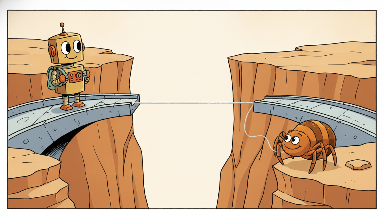 Two half bridges stop short with a gap between them while a robot cannot join them, though a spider easily spins a thread connecting both halves.
