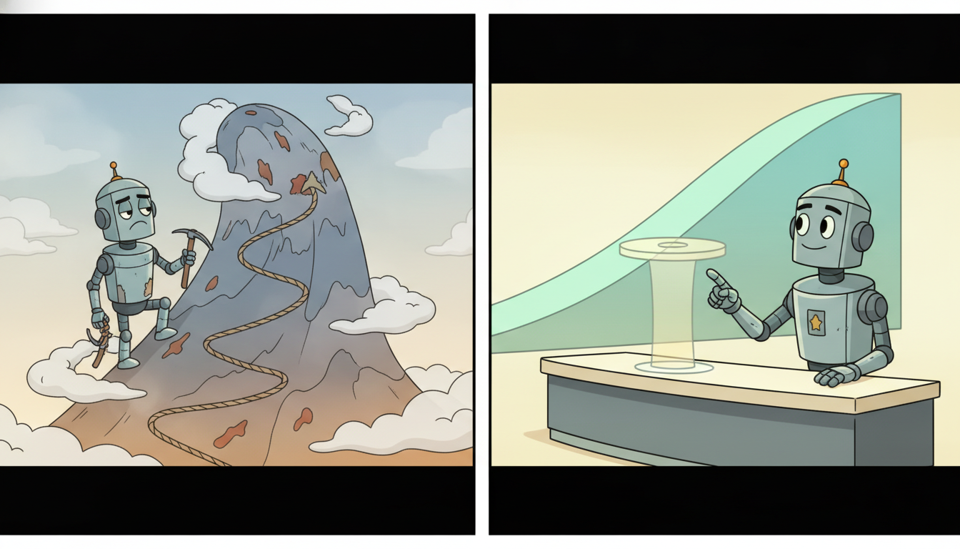 Left, a robot exhausts itself chasing a peak that keeps moving; right, a calm robot simply points to a desired height and is lifted there.